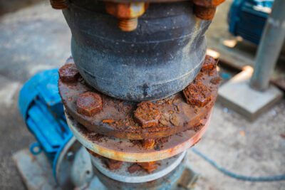 Rust damage paint and corrosion flange form the general attack on carbon steel flanges and bolt nuts on pipeline drain industrial.